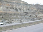 Road side outcrops expressing the geology of the stacked fluvial system sediments exposed in the Pennsylvanian Breathitt Formation just north of Louisa in Eastern Kentucky on US 23 on the western margin of the Appalachian Mountain foreland basin