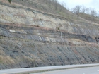 Road side outcrops expressing the geology of the stacked fluvial system sediments exposed in the Pennsylvanian Breathitt Formation just north of Louisa in Eastern Kentucky on US 23 on the western margin of the Appalachian Mountain foreland basin