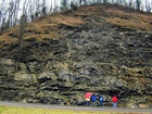 Algal mounds, ooid shoals, micrite ribbons, and shale at the base of the section in the roadcut along US Rt. 58 east of St Paul, Virginia. The outcrop exhibits an overall transgressive to regressive cycle (deepening & shoaling upward) in the Cambrian, Nolichucky Formation