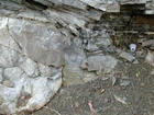 Algal mounds, ooid shoals, micrite ribbons, and shale at the base of the section in the roadcut along US Rt. 58 east of St Paul, Virginia. The outcrop exhibits an overall transgressive to regressive cycle (deepening & shoaling upward) in the Cambrian, Nolichucky Formation