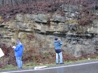 Algal mounds, ooid shoals, micrite ribbons, and shale at the base of the section in the roadcut along US Rt. 58 east of St Paul, Virginia. The outcrop exhibits an overall transgressive to regressive cycle (deepening & shoaling upward) in the Cambrian, Nolichucky Formation