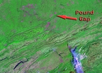 Satellite image of the Appalachian Mountains in the vicinity of Pound Gap and the Pine Mountain Thrust.