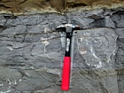 Contact between the top of unit 113 and bottom of 112 from the measured of the Geological Section of the Kentucky Geological Survey from their 1998 Field Trip Guide. The Lower Mississippian Newman Limestone Formation exhibits high energy laminated ooid layers just below a silt layer. Pound Gap and the Lower Mississippian Newman Limestone Formation where it is exhibiting high energy laminated ooid layers just below a dolomitized silt layer