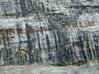 Eroded surface marks top of unit 112 and base of unit 111, see the measured Geological Section, Kentucky Geological Survey Field Trip Guide 1998. Note point bars in unit 111. Thin tan layer marks top of unit 111. Storm wave base is giving these shallow water limestones of the Lower Mississippian Newman Limestone Formation their irregular fill character in conjunction with low angle cross beds or mound margin clinoforms indicating migrating carbonate bodies moving in this setting. Note the two prominent dolomitized silts and the dolomitized irregular unit at the base of the section