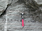 Interbedded intraclastic packstone with local corals and other bioclasts and mudstones of the Lower Mississippian Newman Limestone Formation, probably accumulating in a response to storm waves erosion just seaward of the shoreface, waves driving local transport of this sediments across this shallow lagoonal shelf surface and the local irregular eroded character of the bedding planes. Interbedded with these facies are chert rich intraclastic packstone and mudstone fabrics probably associated with overlying exposure and soil horizon development. This is unit 101 of the measured Geological Section, Kentucky Geological Survey Field Trip Guide, 1998