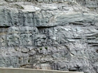 Close to the top of the Lower Mississippian Newman Limestone Formation with the limestones exhibiting a locally irregular character probably the result of storm reworking, while local currents accounted for the development of low angle cross beds and mound margin clinoforms suggesting migrating carbonate bodies moving across this setting. The two indentations (left and center) are top of unit 98, 97 is above at 25 feet thick, see the measured Geological Section, Kentucky Geological Survey Field Trip Guide 1998