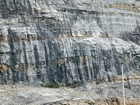 Storm waves are interpreted to have eroded this shelf surface and caused the shallow water limestones of the Lower Mississippian Newman Limestone Formation to have their irregular character, while local currents account for the development of low angle cross beds and mound margin clinoforms suggesting migrating carbonate bodies moving across this setting. Note two prominent beds of dolomitized silt interbedded with the shallow carbonates in the center of this image. These are interpreted to be the product of subaerial exposure and windblown transport to their current, probably marine depositional setting. Close to the center of the photograph are irregular brecciated dolomites associated with subaerial exposure. Unit 113 extends from the bottom right with successive units on up above it, see the measured Geological Section, Kentucky Geological Survey Field Trip Guide 1998