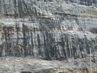 Storm waves are interpreted to have eroded this shelf surface and caused the shallow water limestones of the Lower Mississippian Newman Limestone Formation to have their irregular character, while local currents account for the development of low angle cross beds and mound margin clinoforms suggesting migrating carbonate bodies moving across this setting. Note two prominent beds of dolomitized silt interbedded with the shallow carbonates in the center of this image. These are interpreted to be the product of subaerial exposure and windblown transport to their current, probably marine depositional setting. Close to the center of the photograph are irregular brecciated dolomites associated with subaerial exposure. Unit 113 extends up from the bottom and is capped by overlying units upward, see the measured Geological Section, Kentucky Geological Survey Field Trip Guide 1998