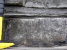 North Ross Point exposures of the bedded Ross Formation sandstones that overly the slumped Ross Slide of Gill (1954). Lower surfaces of sandstones immediately above shale parting show dewatering fabrics.