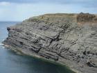 Cliff of Gull Island Formation composed of mixed channel sands and lobes and large deformational structures interpreted to have been transported downslope from a deltaic source above. To right edge note margin of large slump filled channel cut into rhythmic slope deposits of silt and mud.