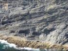 Cliff at Tullig Point with mix of Tullig and Gull Island Formations. Note delta front silts and muds above, while below are Gull Island Formation mixed channel sands and lobes and large deformational structures interpreted to have been transported downslope from a deltaic source above. Note large slump filled gauges cut into rhythmic slope deposits of silt and mud.