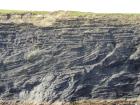 Cliff at Tullig Point with mix of Tullig and Gull Island Formations. Note delta front silts and muds above, while below are Gull Island Formation mixed channel sands and lobes and large deformational structures interpreted to have been transported downslope from a deltaic source above. Note large slump filled gauges cut into rhythmic slope deposits of silt and mud.