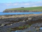 West end of Kilbaha Bay with outcrop of channeled Mid-Ross Sandstone Formation in the background and in the forground the wave cut pavement of the intertidal zone.