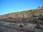 West end of Kilbaha Bay with outcrop of channeled Mid-Ross Sandstone Formation in the low cliffs above the wave cut pavement of the intertidal zone. Also note Pleistocene glacial drift at top section filled the Pleistocene eroded surface of the Carboniferous.