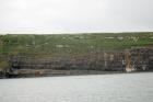 Kilclogher Cliffs exposing deepwater sandstone lobes of the Ross Formation. At the base of the section are a mix of thicker amalgamated sands overlain by thinner bedded more distal portions of lobes subdivided by a dense amalgamated lobe of sand. Above in grass cover are thicker bedded channeled sands more proximal to the axies of deepwater lobes.