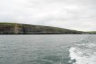 East end of the Kilclogher Cliffs towards the Rehy Cliffs exposing deepwater sandstone lobes of the Ross Formation. At the base of the section are thinner bedded more distal portions of lobes. Above in grass cover are thicker bedded amalgamated channeled sands more proximal to the axies of deepwater lobes.