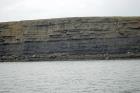 Kilclogher Cliffs exposing deepwater sandstone lobes of the Ross Formation. At the base of the section is a thicker bedded amalgamated channeled sand over which are thinner bedded more distal portions of lobes. At the top of the section are thicker bedded amalgamated channeled sands more proximal to the axies of deepwater lobes.