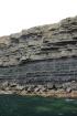 Kilclogher Cliffs exposing deepwater sandstone lobes of the Ross Formation. At the base of the section is an amalgamated axial channel fill. Above which are thinner bedded more distal portions of lobes capped by thicker bedded sands towards axies of the lobes.