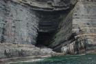 Kilclogher Cliffs exposing deepwater sandstone lobes of the Ross Formation. At the base of the section is an amalgamated axial channel fill. Above which are thinner bedded more distal portions of lobes capped by thicker bedded sands towards axies of the lobes.