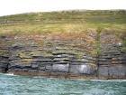 Rehy Cliffs thin bedded interfingering inter channel sands overlying a sandstone body representing an amalgamated deepwater channel fill just above the present sea level, highlighted by gull droppings. Ross Sandstone Formation probably in mid fan position towards center of fan body.