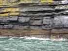 Rehy Cliffs thin bedded interfingering inter channel sands overlying a sandstone body representing an amalgamated deepwater channel fill just above the present sea level, highlighted by gull droppings. Ross Sandstone Formation probably in mid fan position towards center of fan body.