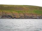 Rehy Cliffs exposing two channelled amalgamated deepwater fills, offset from each other. The lower channel is just above present sea level, highlighted by gull droppings. Ross Sandstone probably in mid fan position towards center of fan body.