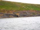 East end of Rehy Cliffs beyond monoclinical fold in deepwater Ross Formation sands. The interbedded shales and sands suggest a more distal position at the edge of a deepwater fan body.