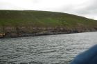 Rehy Cliffs exposing two channelled amalgamated deepwater fills, offset from each other. The lower channel is just above present sea level, highlighted by gull droppings. Ross Sandstone probably in mid fan position towards center of fan body.