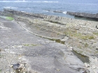 Megaflute in forground and rippled bedding plane surface of Ross Formation overlain by irregularly bedded sandstone sheets of deepwater lobes to right.