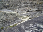 Irregularly bedded sandstone sheets of deepwater lobes of Ross Formation with some of the irregular character representing the cross sections of megaflute fill.