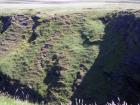 Grass covered modern slumping weathering sediment and hill creep overlying a cliffed edge of the Tullig Formation.