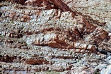 Looking north west at details of exposure of down slope channled carbonates in vicinity of the Oed Ziz at the Tunnel de Legionaire, High-Atlas Mts, Jurrasic of Morroco.