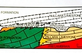 Cross section of the Devonian Canning Basin margin at Windjana Gorge, Western Australia by Phil Playford. Note the downdip Napier Formation composed of mass transported carbonate breccias derived from updip Windjana Limestone of basin margin and Nullara Limestone of shallow water carbonate platform.